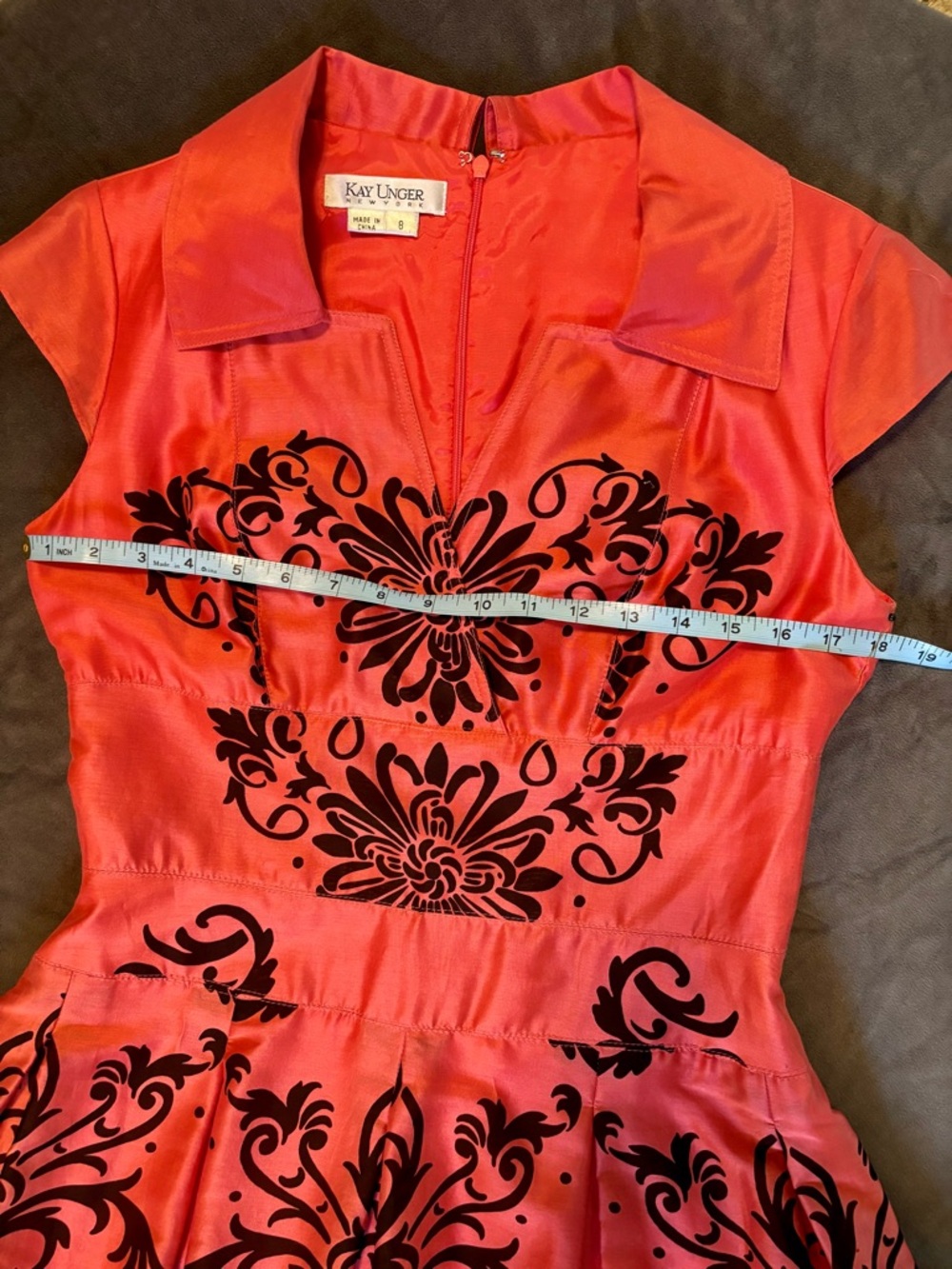 Coral Satin Fit Flare Dress Black Baroque Print Retro Collared Party - Picture 12 of 12